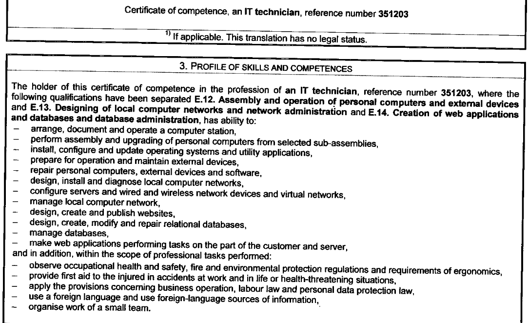 Europass certificate supplement: IT technician skills and competencies (PC assembly, networks, web apps,